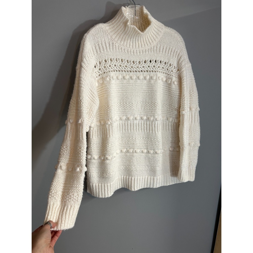 Lou & Grey Womens S Oversized Pom Pom Mock Turtleneck Sweater Cream White Alpaca
